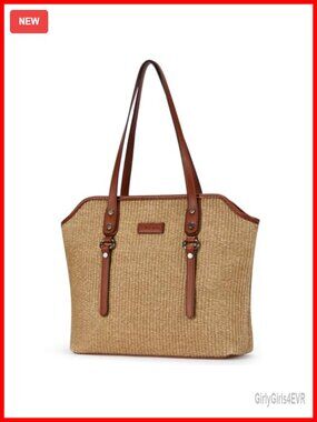 Large Straw Woven Tote Bag Women Vegan Leather Shoulder Purse Travel Work Beach